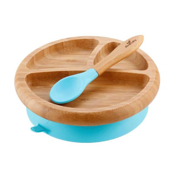Avanchy Bamboo Suction Baby Plate with Spoon Blue