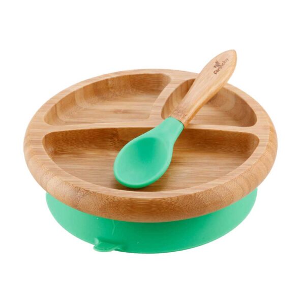 Avanchy Bamboo Suction Baby Plate with Spoon Green