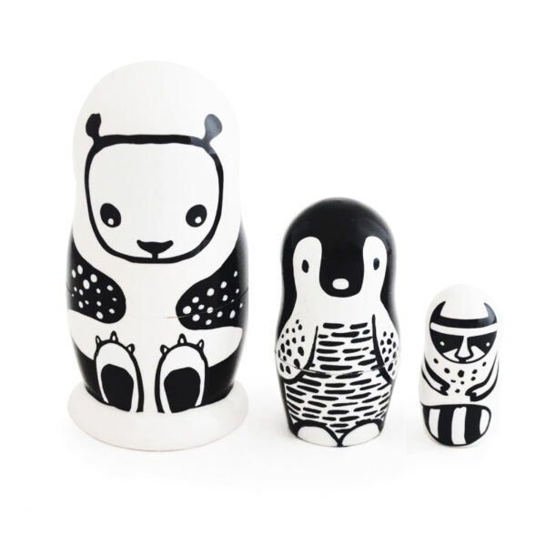 Wee-Gallery-Set-of-3-Nesting-Dolls---Black-and-White-Animals---Panda,-Penguin,-Racoon-1